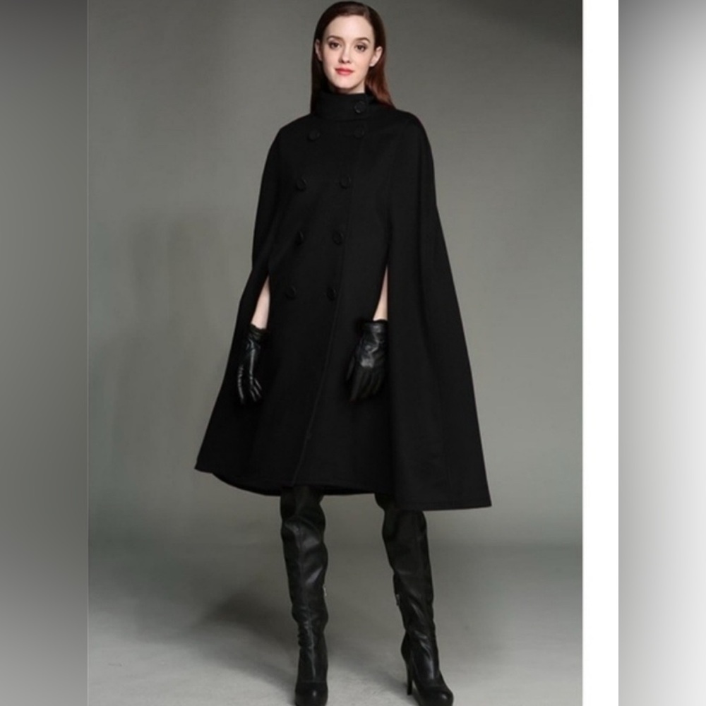 Black Wool And Cotton Cape Coat for Women